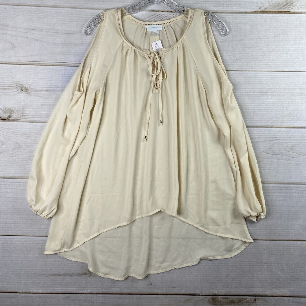 New York & Company Top Womens XS Cream Sheer Cold Shoulder Hi Low Lace Up NWT